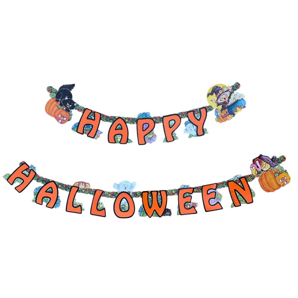 Vintage Happy Halloween Cardboard Banner Die Cut Amscan Witch Black Cat Pumpkin